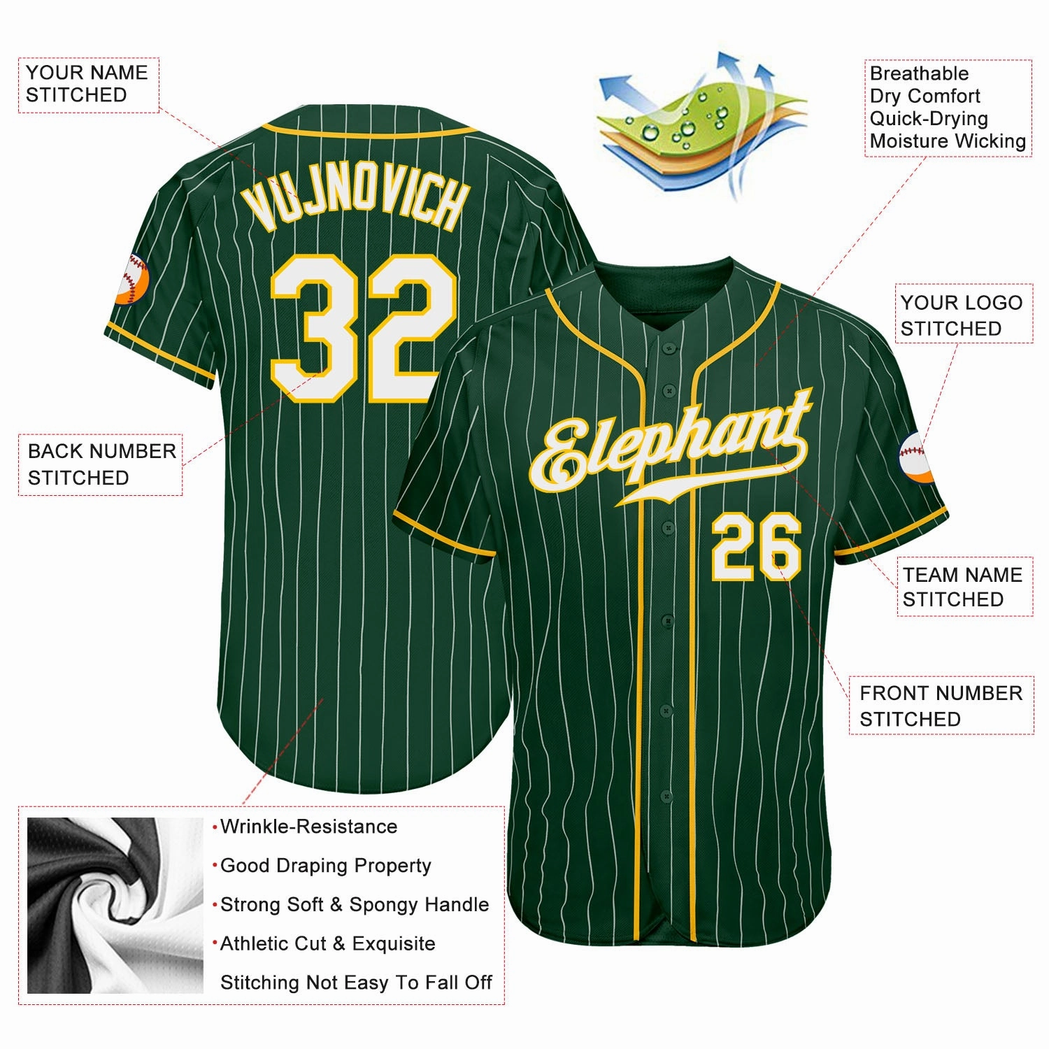 Custom Green White Pinstripe White-Gold Authentic Baseball Jersey