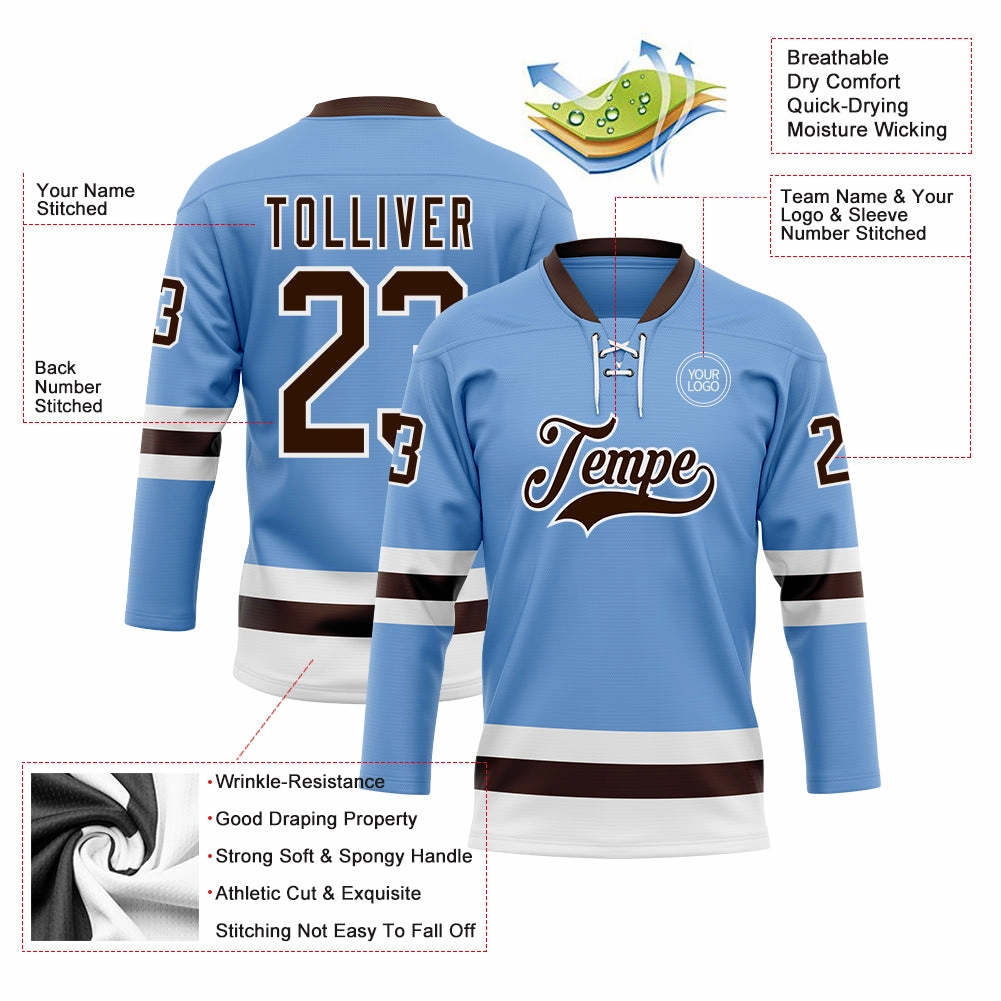 Custom Light Blue Brown-White Hockey Lace Neck Jersey