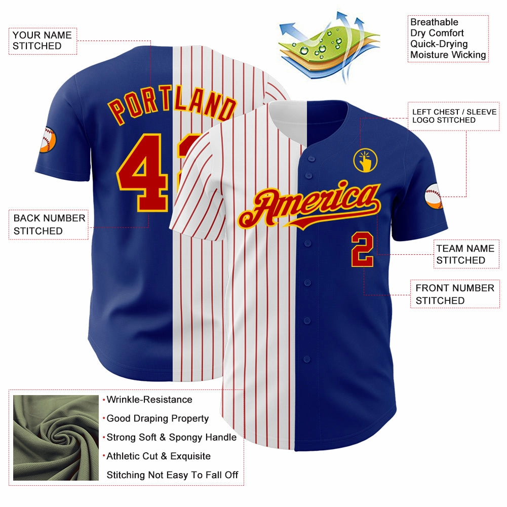 Custom Royal Yellow-Red Pinstripe Authentic Split Fashion Baseball Jersey