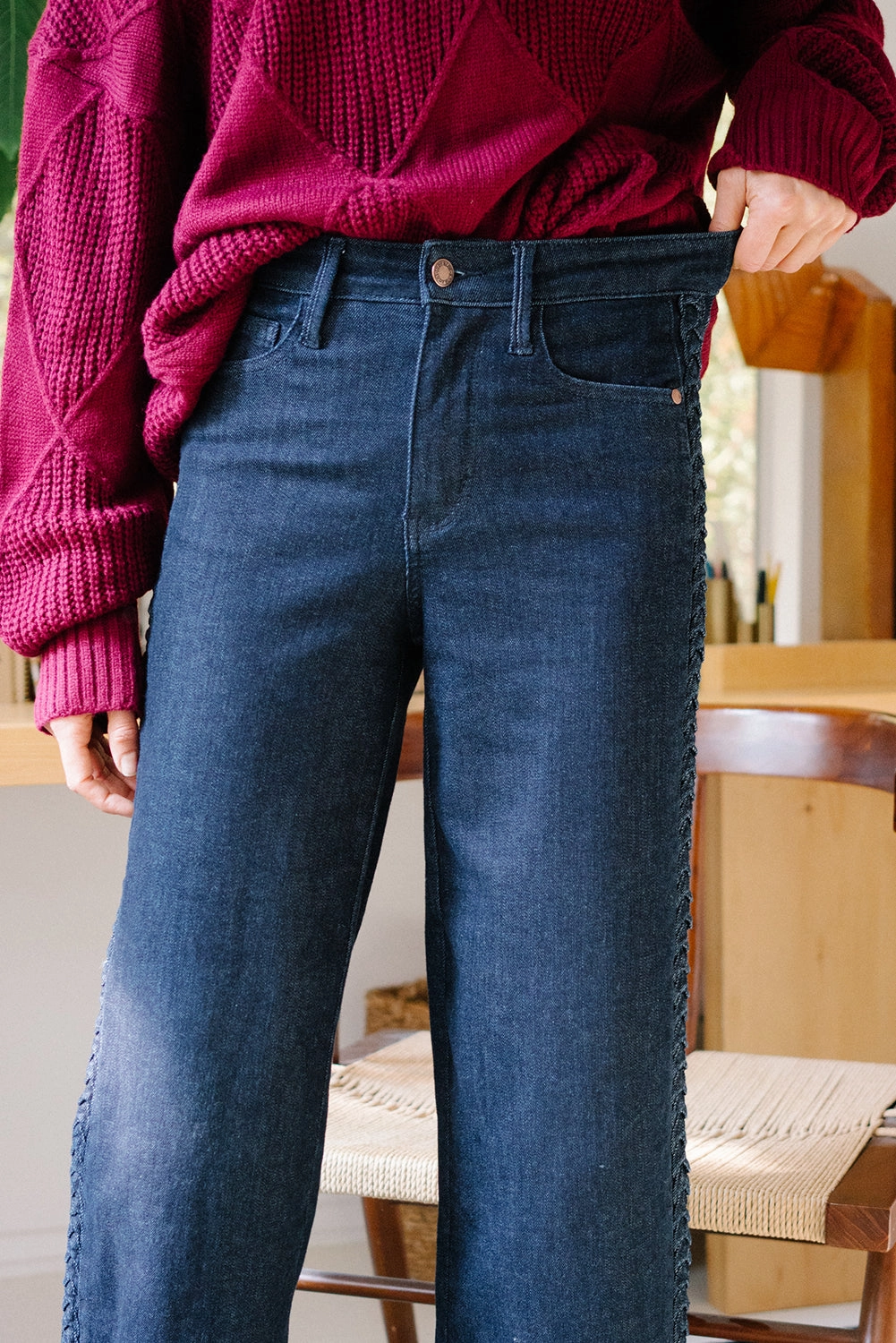 Diana High Rise Side Seam Braid Cropped Wide Leg Jeans