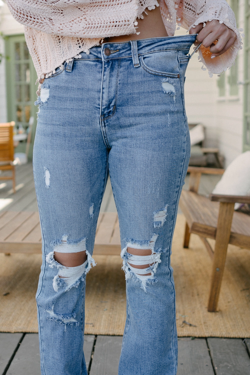 Faye Stone Wash Ripped Bootcut Jeans