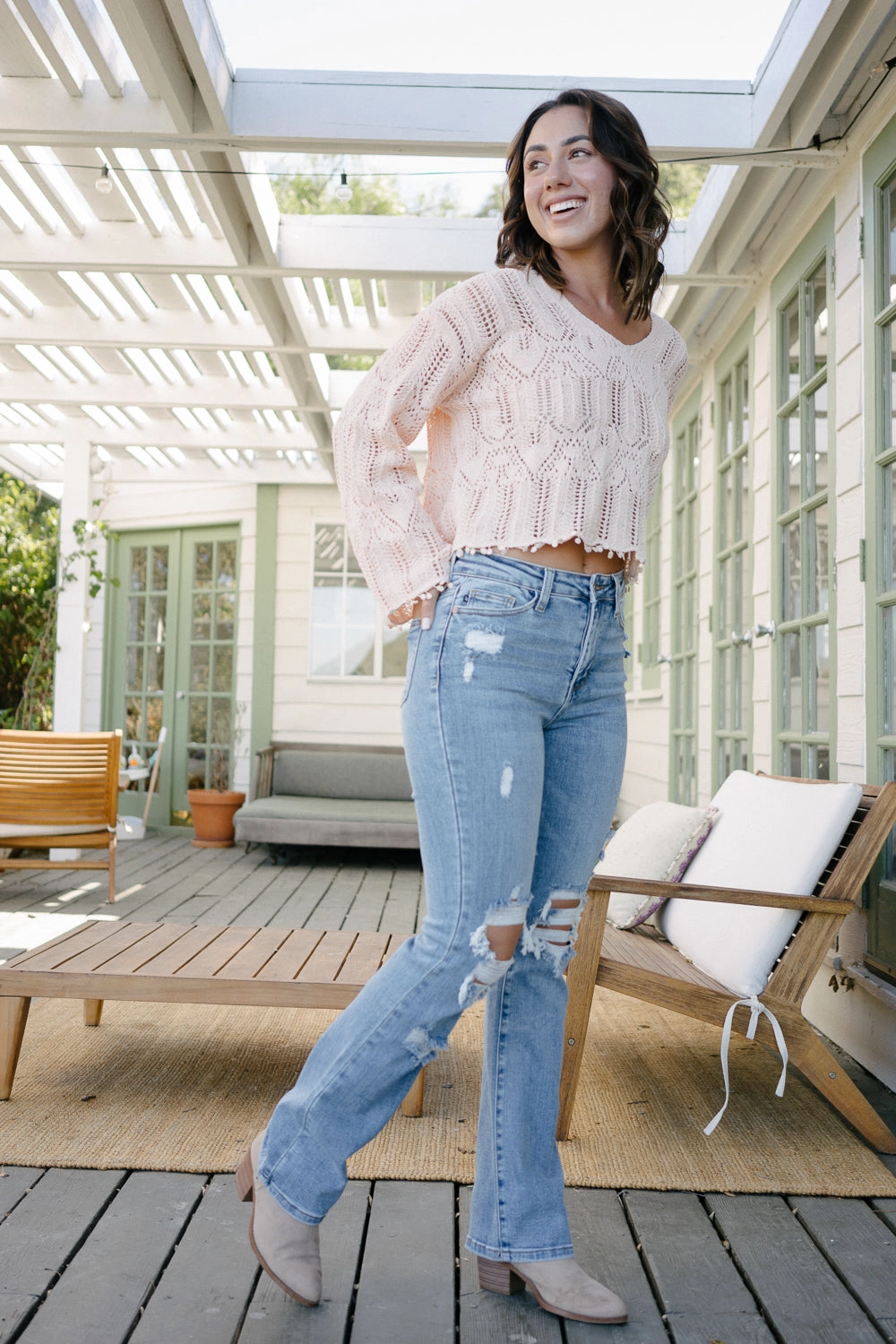Faye Stone Wash Ripped Bootcut Jeans