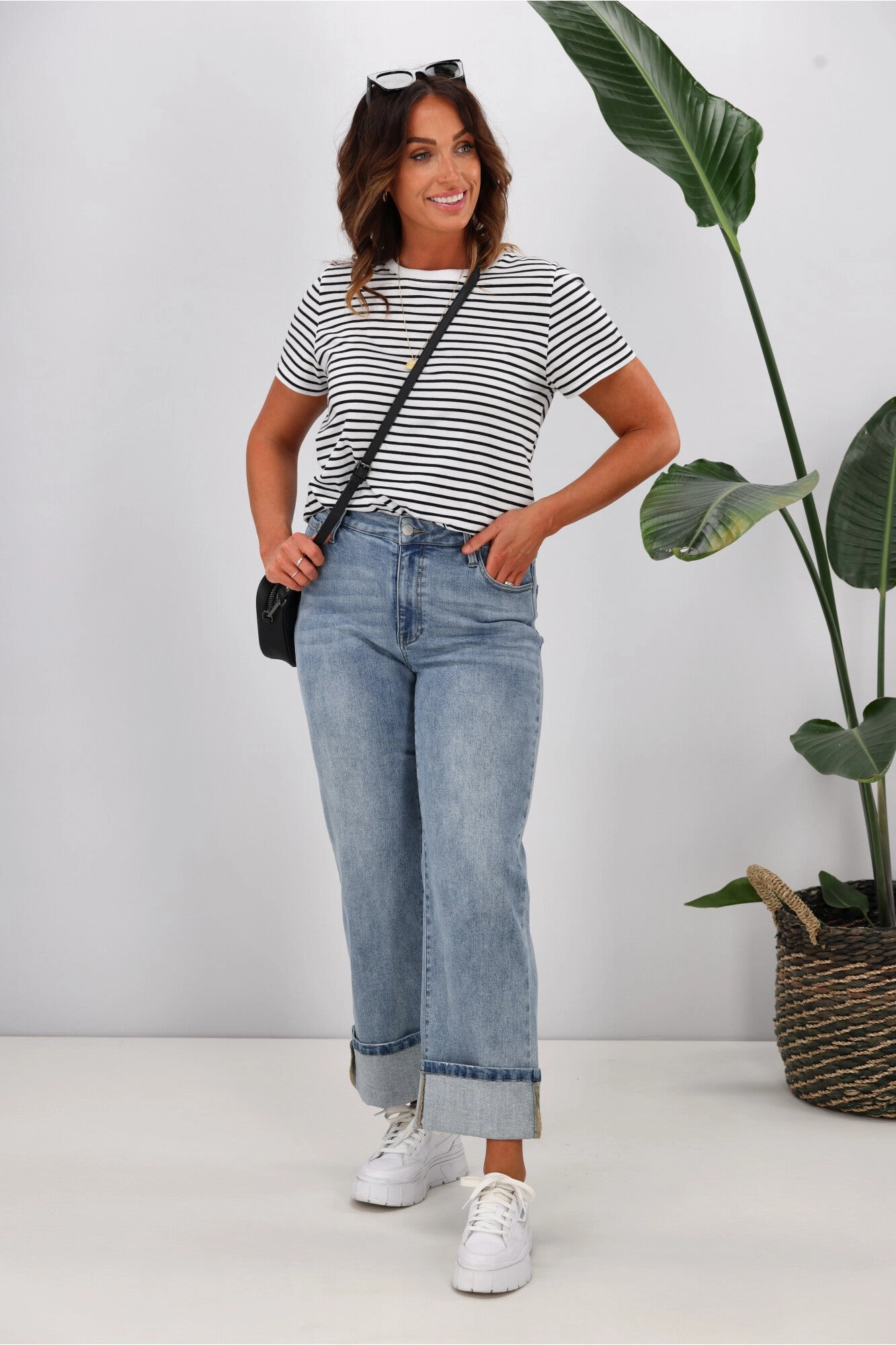 Shine On Label Zeke Wide Leg Jean with Turn Up Hem Washed Blue
