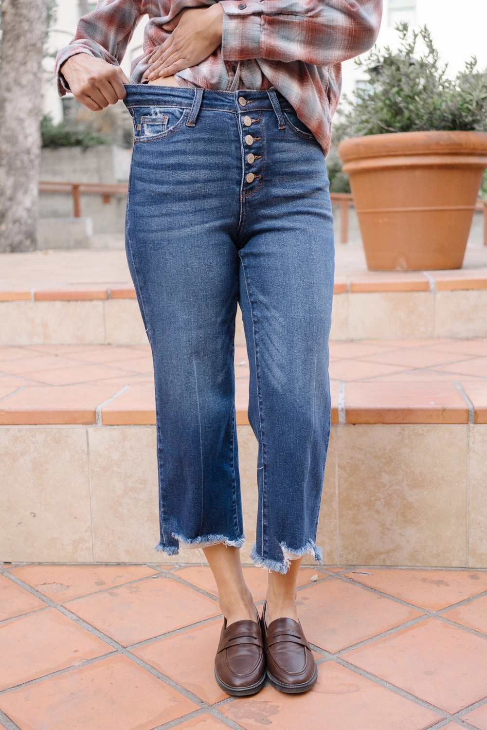Wren High Rise Button Fly Distressed Hem Crop Wide
